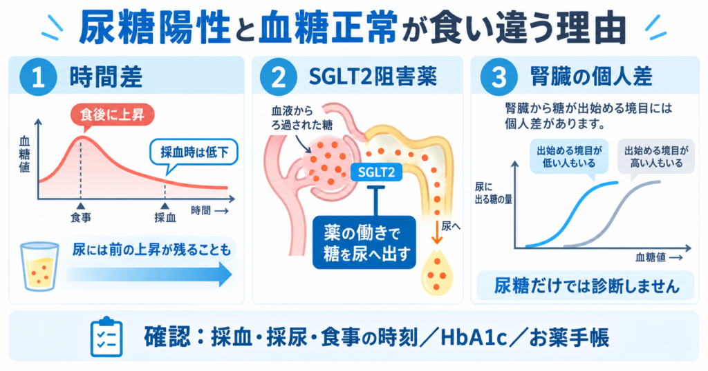 尿糖陽性と正常血糖が食い違う理由を、採血と採尿の時間差、SGLT2阻害薬、腎臓の個人差で示した図