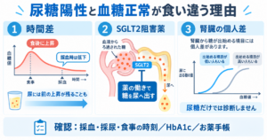 尿糖陽性と正常血糖が食い違う理由を、採血と採尿の時間差、SGLT2阻害薬、腎臓の個人差で示した図