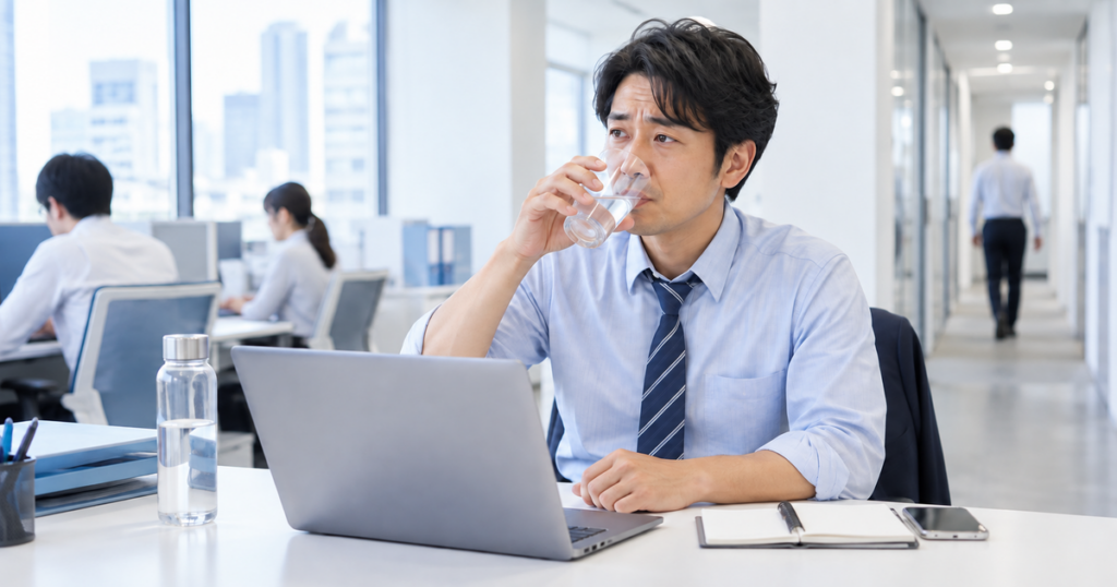 仕事中に強いのどの渇きを感じ、水を何度も飲んでいる人