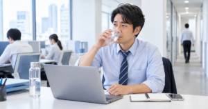 仕事中に強いのどの渇きを感じ、水を何度も飲んでいる人