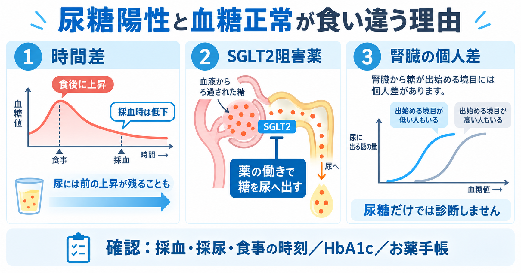 尿糖陽性と正常血糖が食い違う理由を、採血と採尿の時間差、SGLT2阻害薬、腎臓の個人差で示した図